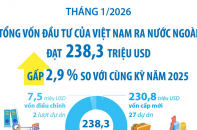 Đầu tư của Việt Nam ra nước ngoài đạt 238,3 triệu USD trong tháng 1/2026, gấp 2,9 lần so với cùng kỳ năm 2025