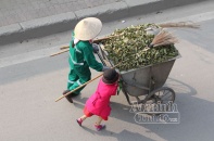 Xúc động hình ảnh em bé đi quét rác cùng mẹ trong ngày Tết 