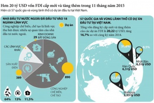 [Infographics] Hơn 20 tỷ USD vốn FDI cấp mới và tăng thêm trong 11 tháng năm 2015