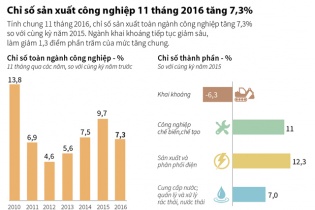 [Infographic] Chỉ số sản xuất công nghiệp 11 tháng 2016 tăng 7,3%