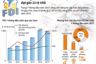 [Infographic] 7 tháng đầu năm, vốn FDI vào Việt Nam đạt gần 22 tỷ USD