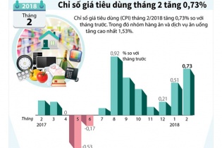 [Infographic] CPI tháng 2 tăng 0,73%