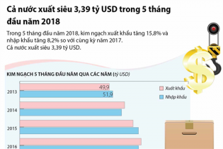 [Infographic] Cả nước xuất siêu 3,39 tỷ USD trong 5 tháng đầu năm 2018