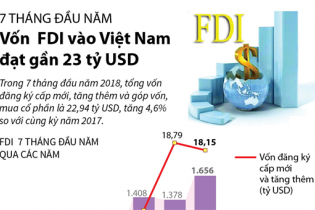 [Infographic] 7 tháng đầu năm, vốn FDI vào Việt Nam đạt gần 23 tỷ USD