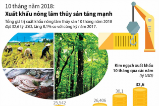 [Infographic] 10 tháng năm 2018: Xuất khẩu nông lâm thủy sản tăng mạnh