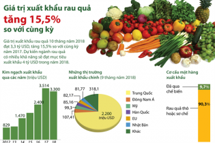 [Infographic] Giá trị xuất khẩu rau quả tăng 15,5% so với cùng kỳ