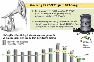 [Infographic] Giá xăng E5 RON 92 giảm 973 đồng/lít