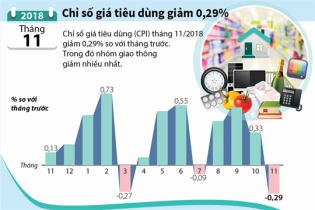 [Infographic] Chỉ số giá tiêu dùng (CPI) tháng 11 giảm 0,29%