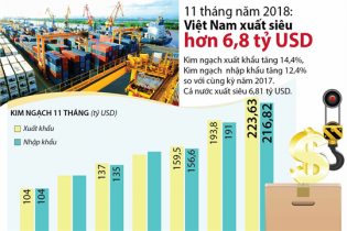 [Infographic] 11 tháng năm 2018: Việt Nam xuất siêu hơn 6,8 tỷ USD