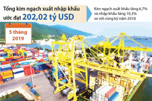 [Infographic] 5 tháng, tổng kim ngạch xuất nhập khẩu hàng hóa ước đạt 202,02 tỷ USD
