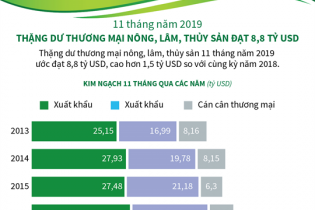 [Infographic] 11 tháng, thặng dư thương mại nông, lâm, thủy sản đạt 8,8 tỷ USD