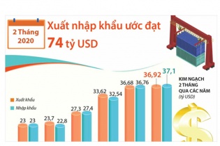[Infographic] 2 tháng năm 2020, tổng kim ngạch xuất nhập khẩu ước đạt 74 tỷ USD