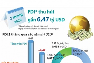 [Infographic] 2 tháng đầu năm 2020, thu hút FDI đạt gần 6,47 tỷ USD