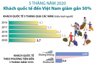 [Infographic] 5 tháng năm 2020, khách quốc tế đến Việt Nam giảm gần 50%