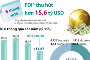 [Infographic] 6 tháng năm 2020, thu hút FDI đạt hơn 15,6 tỷ USD