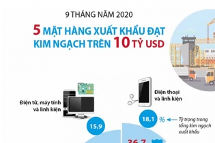 [Infographic] 5 mặt hàng xuất khẩu trên 10 tỷ USD sau 9 tháng năm 2020
