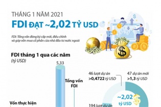 [Infographic] Tháng 1/2021, FDI đạt gần 2,02 tỷ USD