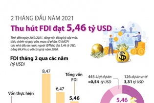 [Infographic] 2 tháng đầu năm 2021, thu hút FDI đạt 5,46 tỷ USD