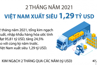 [Infographic] 2 tháng năm 2021, Việt Nam xuất siêu 1,29 tỷ USD