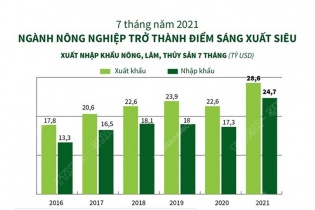 [Infographic] 7 tháng năm 2021, ngành nông nghiệp trở thành điểm sáng xuất siêu