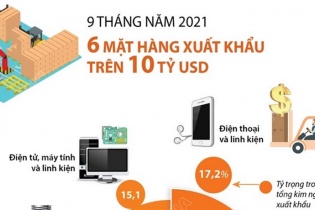 [Infographic] 6 mặt hàng xuất khẩu trên 10 tỷ USD sau 9 tháng năm 2021