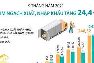 [Infographic] 9 tháng năm 2021, kim ngạch xuất, nhập khẩu tăng 24,4%