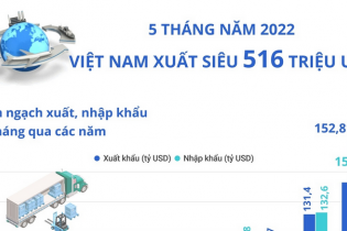 [Infographic] 5 tháng năm 2022, Việt Nam xuất siêu 516 triệu USD