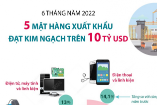 [Infographic] 6 tháng năm 2022, có 5 mặt hàng đạt kim ngạch xuất khẩu trên 10 tỷ USD