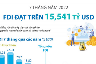 [Infographic] 7 tháng năm 2022, FDI đạt trên 15,541 tỷ USD