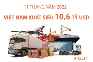 Việt Nam xuất siêu 10,6 tỷ USD sau 11 tháng năm 2022