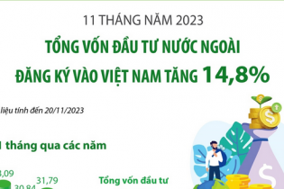 Tổng vốn đầu tư nước ngoài đăng ký vào Việt Nam tăng 14,8% sau 11 tháng năm 2023
