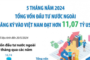 Tổng vốn đầu tư nước ngoài đăng ký vào Việt Nam đạt hơn 11 tỷ USD sau 5 tháng năm 2024