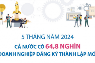 Cả nước có 64,8 nghìn doanh nghiệp đăng ký thành lập mới sau 5 tháng năm 2024