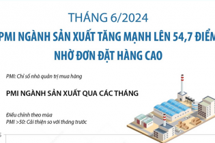 PMI ngành sản xuất tháng 6/2024 tăng mạnh lên 54,7 điểm nhờ số đơn đặt hàng cao