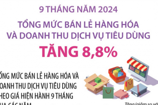 Tổng mức bán lẻ hàng hóa và doanh thu dịch vụ tiêu dùng tăng 8,8% sau 9 tháng năm 2024