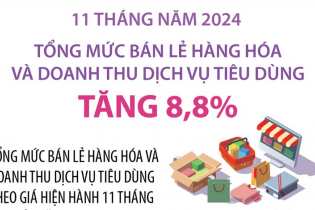 Tổng mức bán lẻ hàng hóa và doanh thu dịch vụ tiêu dùng tăng 8,8% sau 11 tháng năm 2024