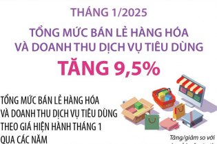 Tổng mức bán lẻ hàng hóa và doanh thu dịch vụ tiêu dùng tháng 1/2025 tăng 9,5%