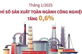 Chỉ số sản xuất toàn ngành công nghiệp tháng 1/2025 tăng 0,6%
