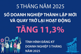 Số doanh nghiệp thành lập mới và quay trở lại hoạt động tăng 11,3% sau 5 tháng năm 2025
