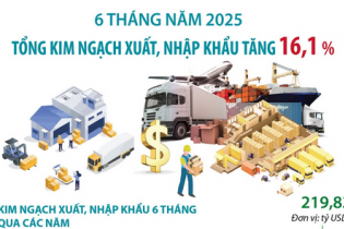 Tổng kim ngạch xuất, nhập khẩu hàng hóa tăng 16,1% sau 6 tháng năm 2025