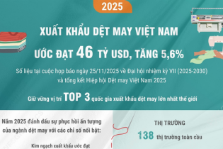 Xuất khẩu dệt may Việt Nam năm 2025 ước đạt 46 tỷ USD, tăng 5,6%