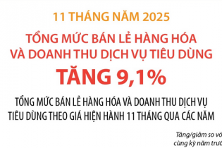 Tổng mức bán lẻ hàng hóa và doanh thu dịch vụ tiêu dùng tăng 9,1% sau 11 tháng năm 2025