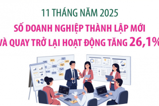 Số doanh nghiệp thành lập mới và quay trở lại hoạt động tăng 26,1% sau 11 tháng năm 2025