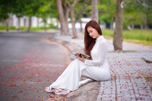 Nữ sinh đẹp mơ màng bên màu hoa phượng thắm