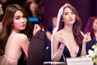 Ngọc Trinh triệt để khoe vòng 1 với váy xẻ sâu tới eo