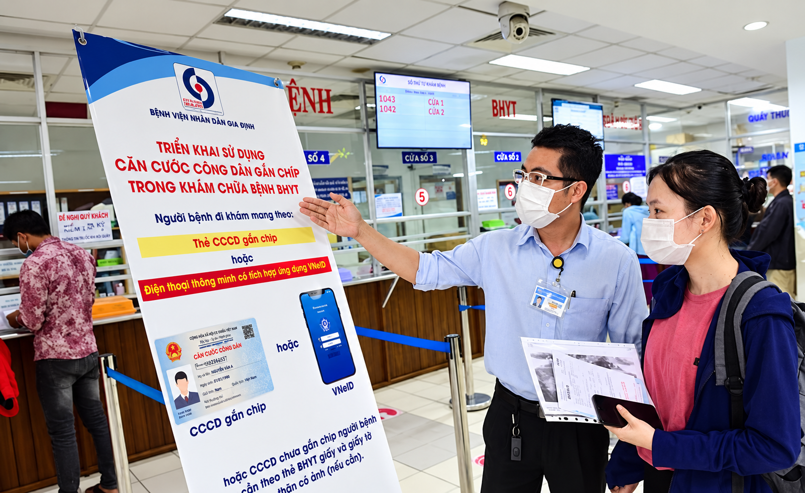 Hospital Staff Explaining Health Insurance Registration Poster