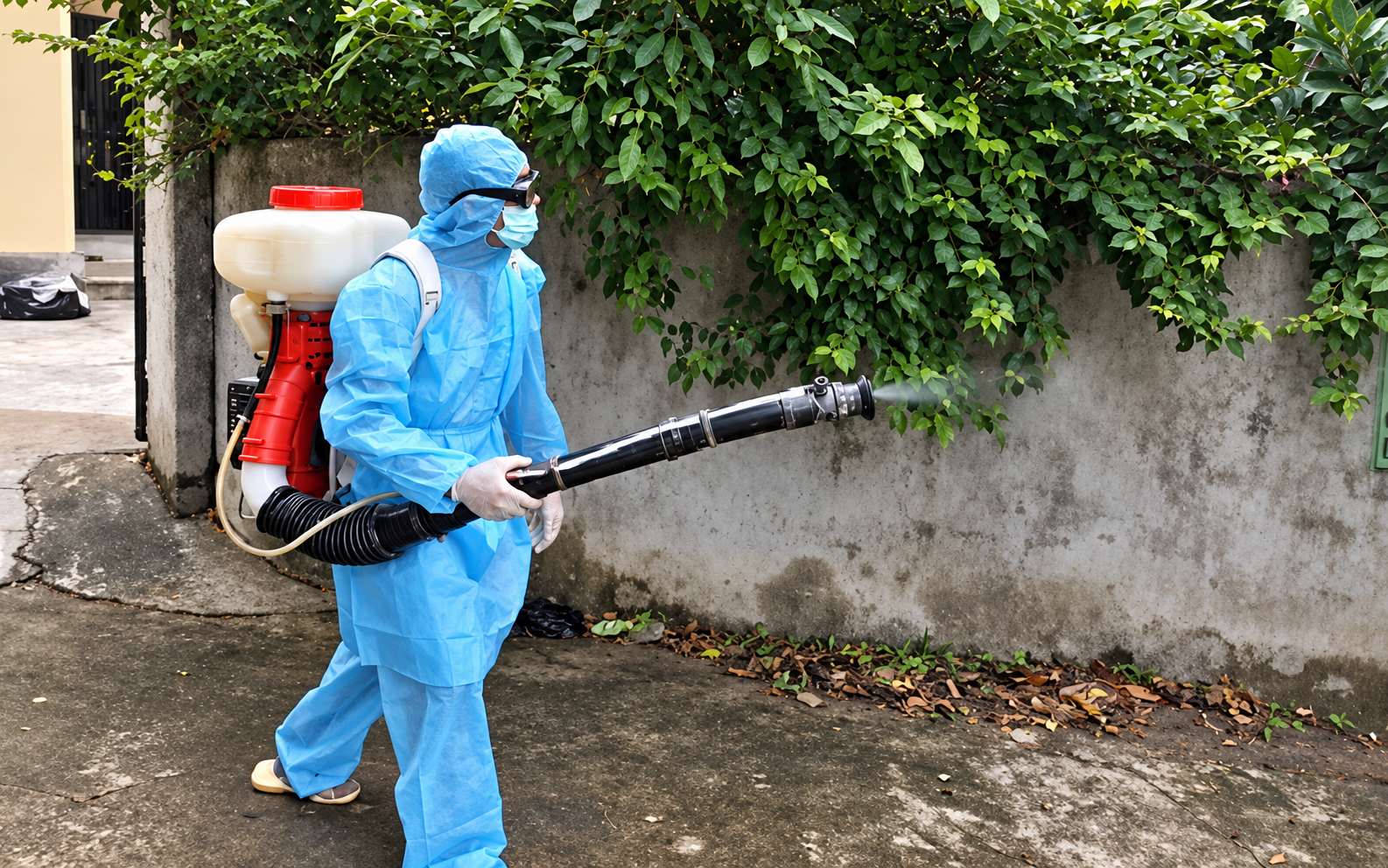 PPE Worker Disinfecting Vine-Covered Driveway