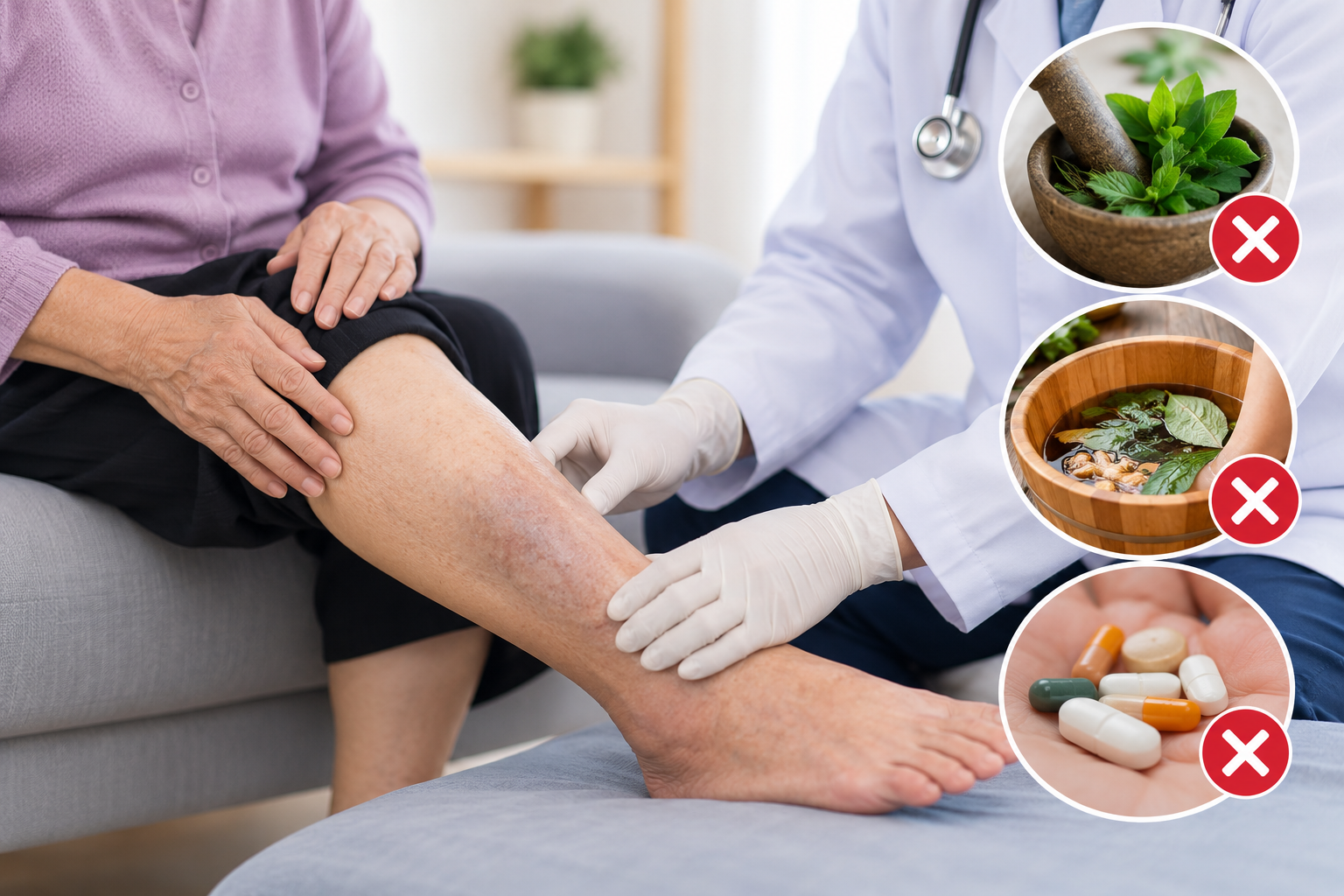 Professional Leg Examination with Warning Icons